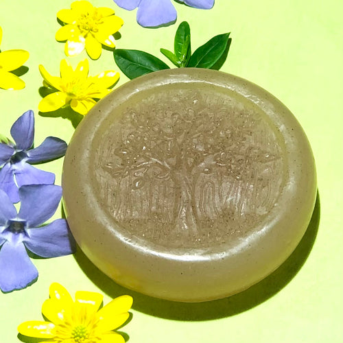 Closeup of a round, pale-colored, glycerin face soap with an embossed tree design on the front and embedded brown specks of rhassoul clay that can be seen,  laying on a bright yellow background with bright yellow and purple flowers, in bright sunlight. 