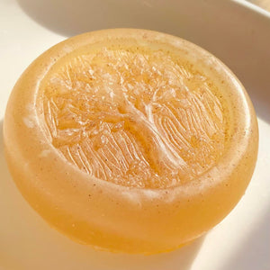 Closeup of a round, pale-colored, glycerin face soap with an embossed tree design on the front and embedded brown specks of rhassoul clay that can be seen, bathed in bright, dappled sunlight against a cream-colored background. 